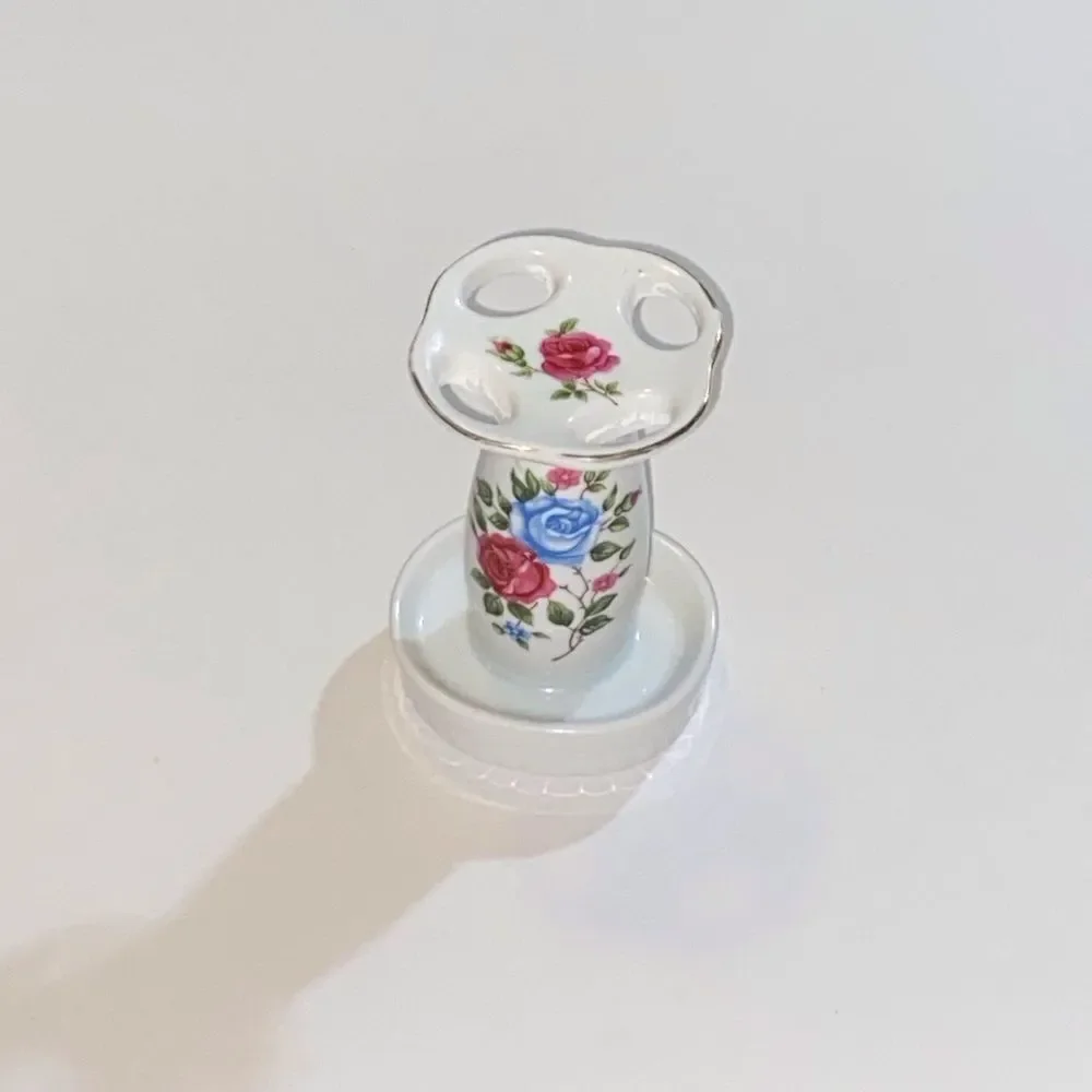 Vintage Porcelain Floral Toothbrush Holder - White with Red and Blue Accents